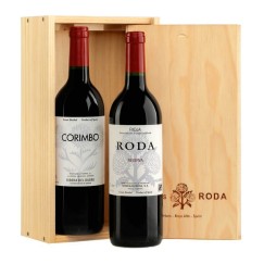 Caja de madera con 2 botellas, Roda 2019 y Corimbo 2019