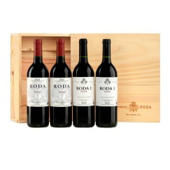 Caja de madera con 4 botellas, 2 de Roda I 2019 y 2 de Roda 2020